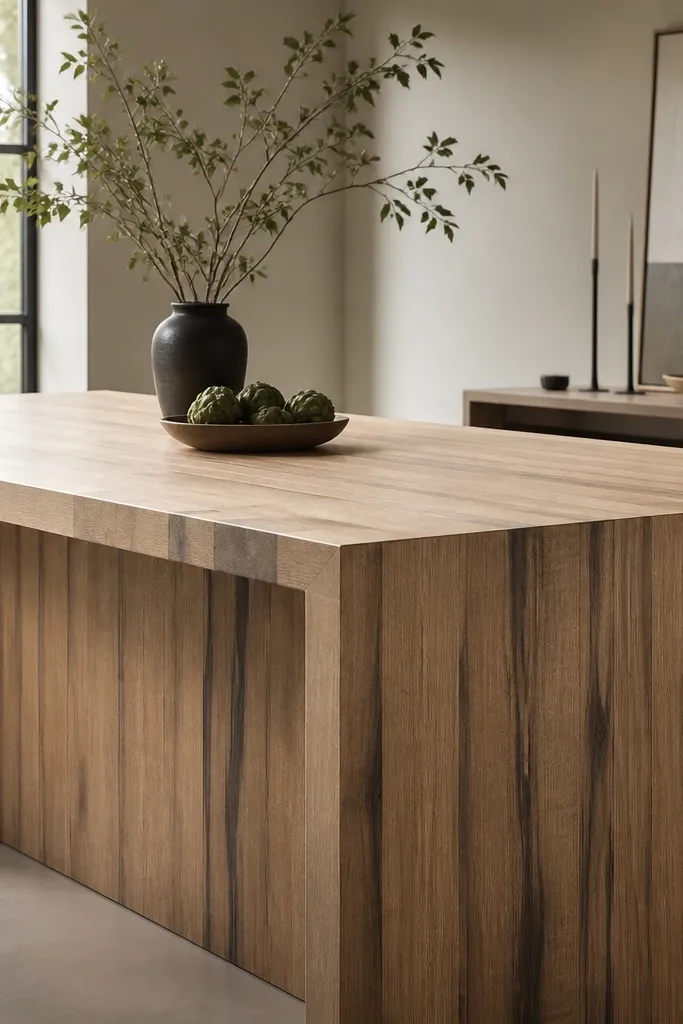 Light maple butcher block with a light stain base and controlled vertical charcoal glaze streaks; satin finish; the grain is still visible through the glaze.
