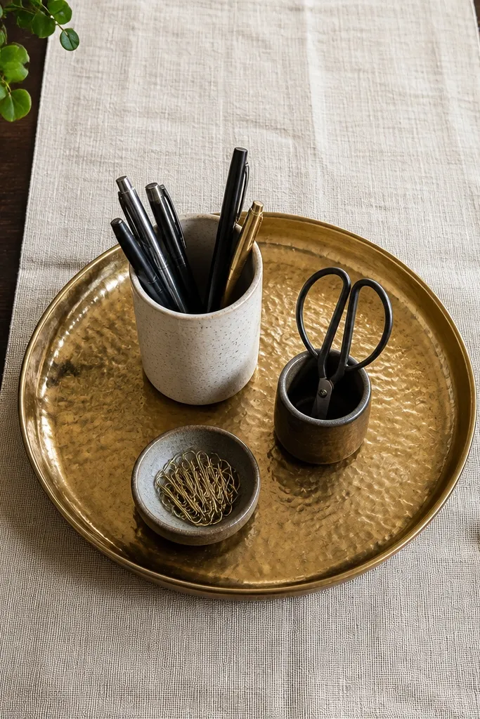 Cream linen under a brass tray holding pen cup and small stationery