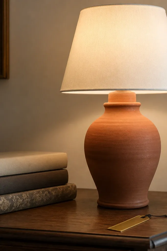 Terracotta lamp beside a small stack of books on a dark wood desk