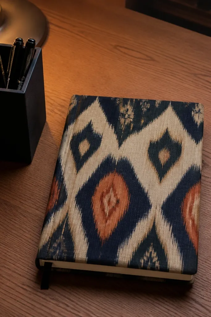 Ikat-pattern notebook with matte black pen organizer and ruler on a cream surface