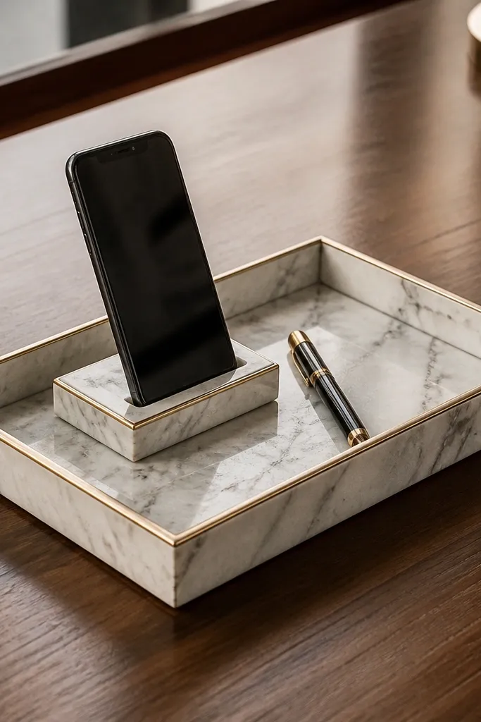 Marble-look tray with gold edges holding small stationery and a phone stand