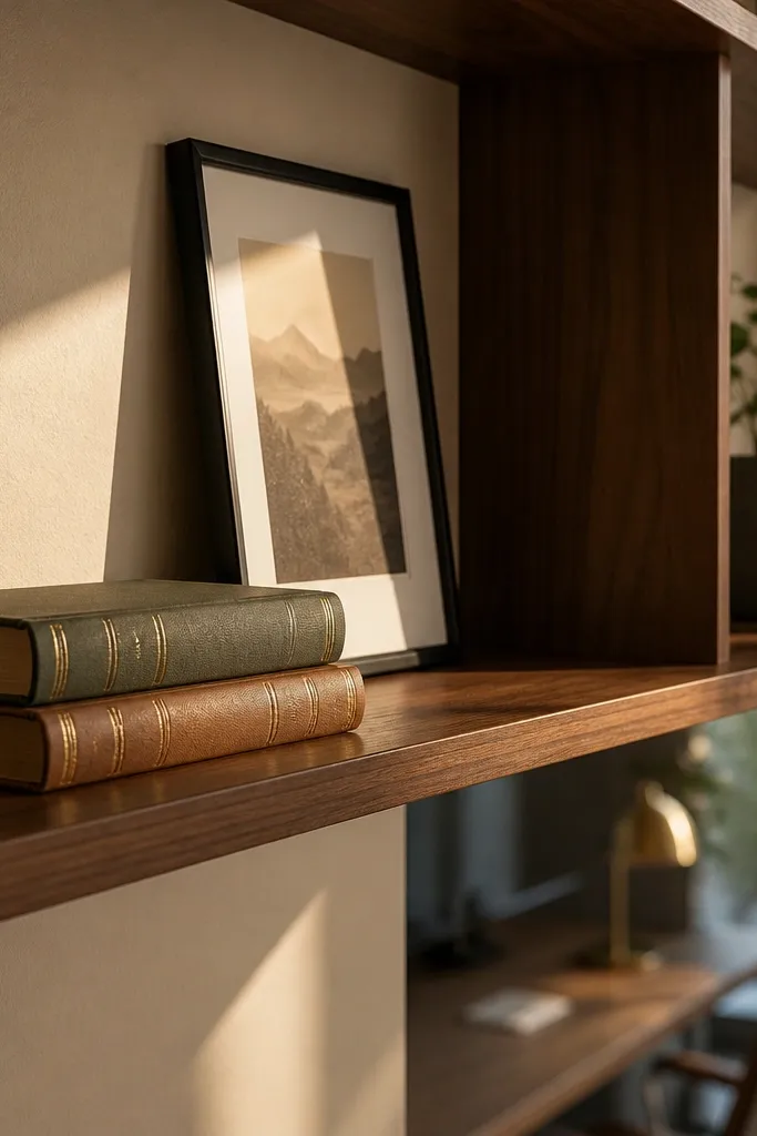 Mini frame leaning behind a book stack on a study table near a small shelf