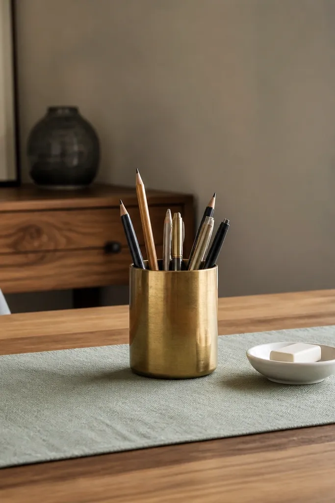 Sage green runner with brass pen cup and small stationery neatly arranged