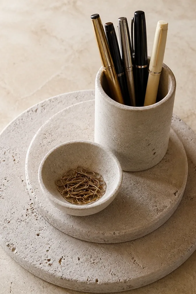 Group of stone coasters used as bases for pen cup and small dishes