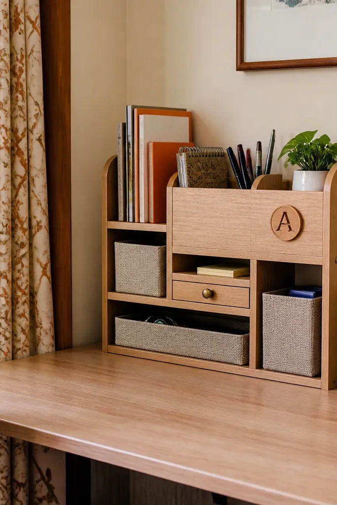 Light wood side organizer with small baskets beside a study notebook