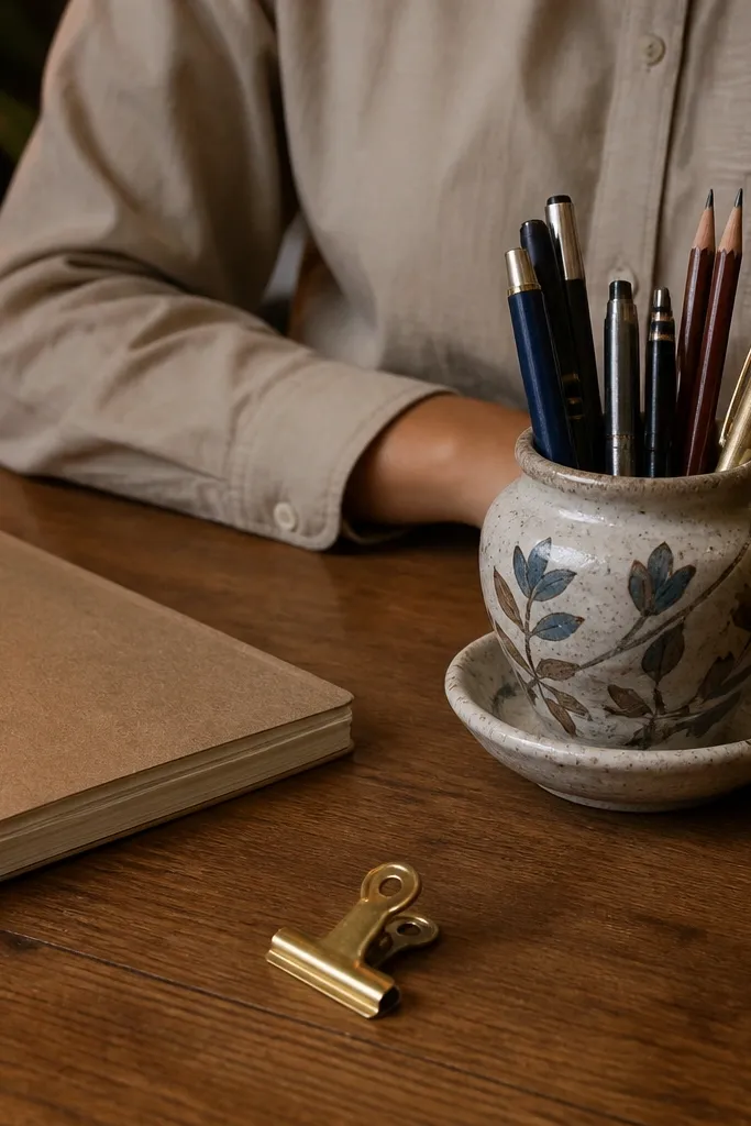 Hand-painted ceramic holder holding pens next to a notebook