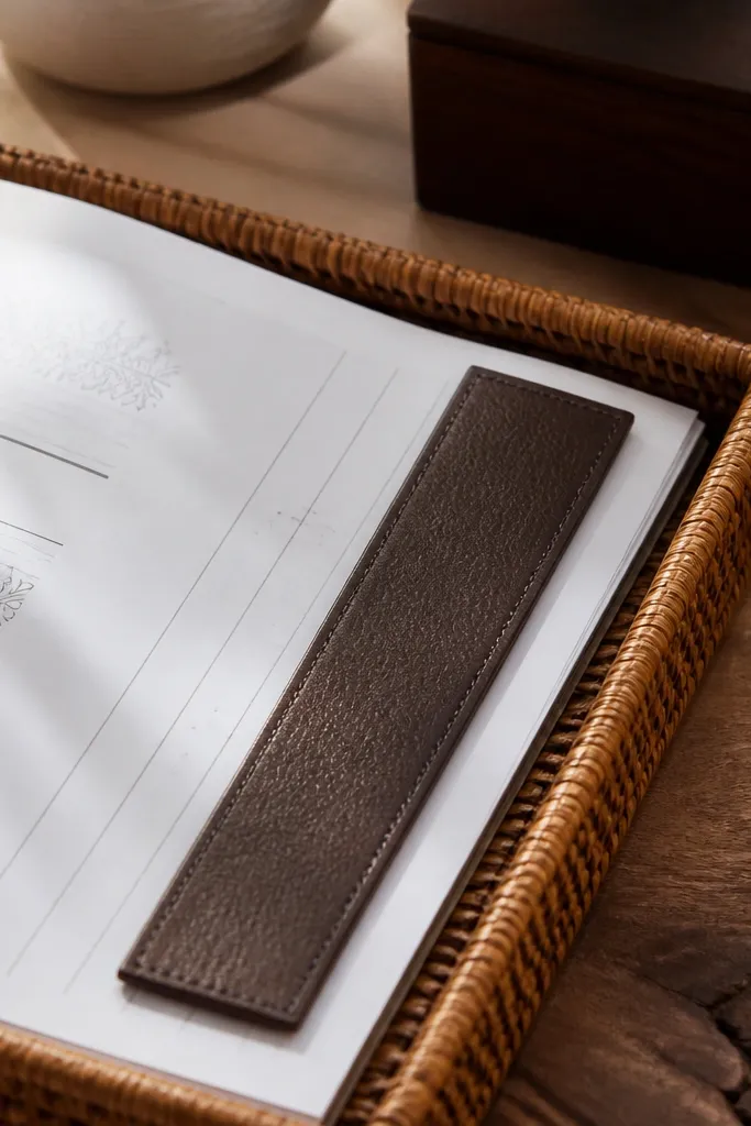 Rattan tray holding papers with a leather-look strip bookmark on notebook