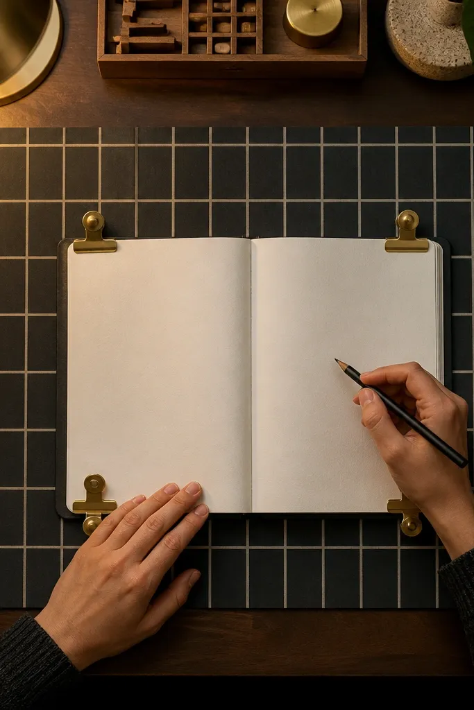 Black and cream grid mat under notebook with brass paper clips lined up