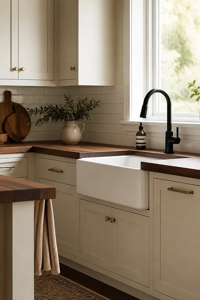 A kitchen with cream shaker cabinets, satin brass pulls, and thick walnut butcher block countertops. The backsplash is simple white subway tile with warm white grout. A black gooseneck faucet sits above a farmhouse sink.