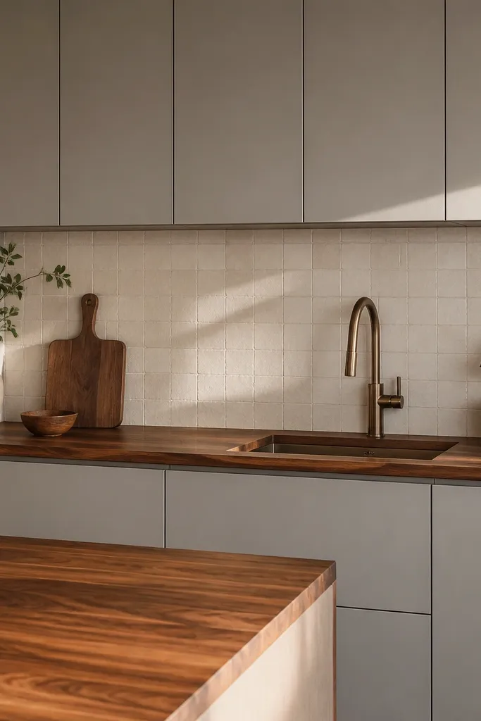 A modern kitchen with greige flat-panel cabinets, minimal hardware, and aesthetic walnut butcher block countertops. The backsplash is a pale sand-colored tile. The countertop edge has a clean eased profile and a darker stain line along the seam.