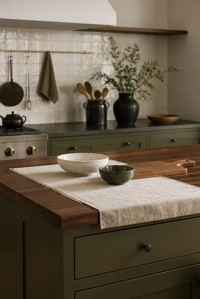 An island in deep olive painted cabinets with walnut butcher block top. The backsplash is off-white ceramic tile. A linen runner sits on the island with a few ceramic bowls and a wooden cutting board.