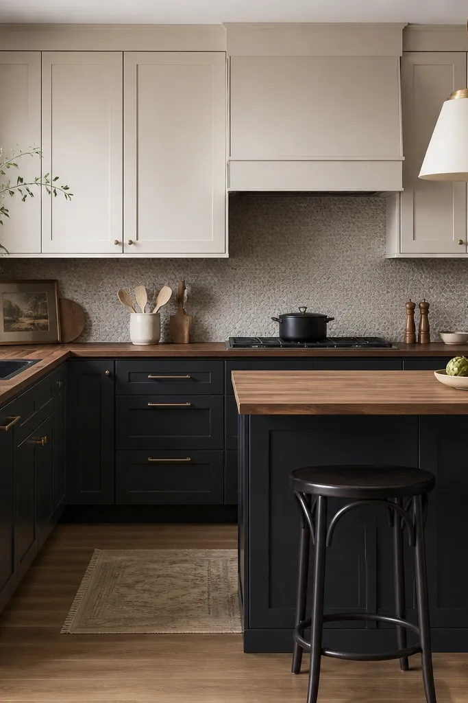 A kitchen with charcoal base cabinets, lighter upper cabinets in warm white, and walnut butcher block countertops. There's a patterned but small-scale backsplash in muted tones. Dark bar stools sit by the island.