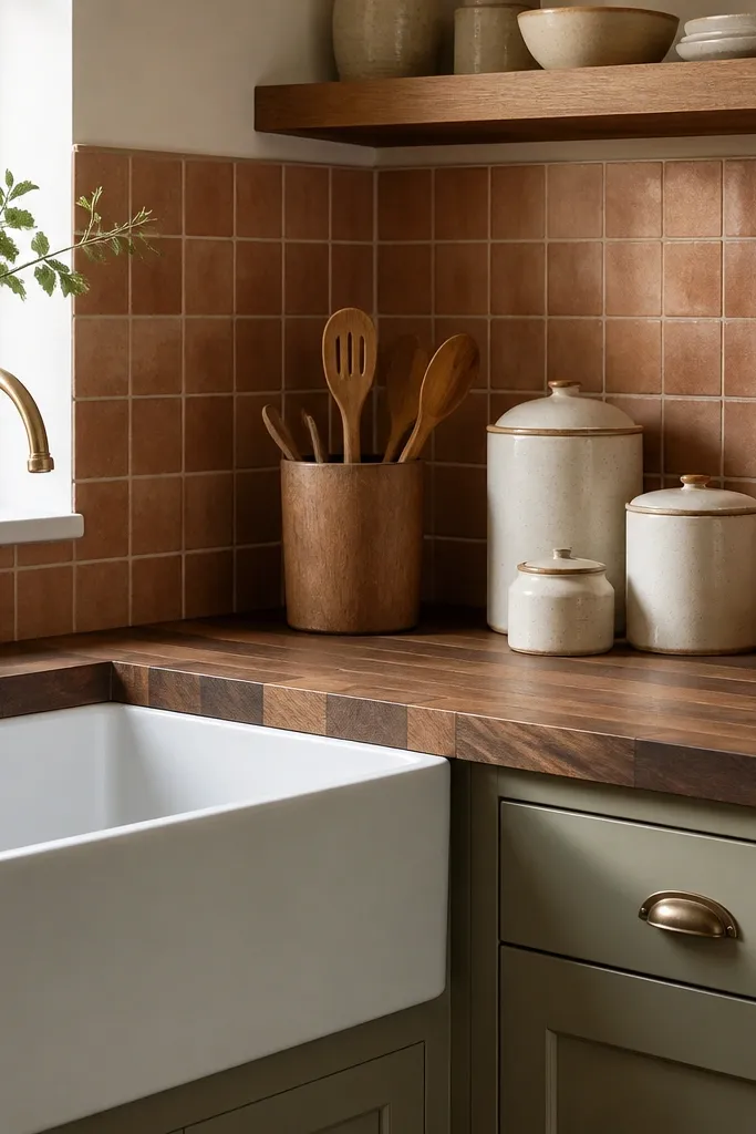 Walnut butcher block countertops with a white farmhouse sink. The backsplash is terracotta-colored small tiles with warm grout. There are ceramic canisters and a wooden utensil holder on the counter.