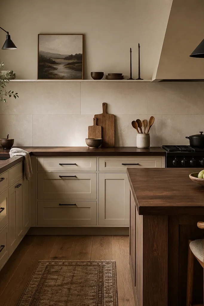 A warm neutral kitchen with walnut butcher block countertops, honey oak flooring, and matte black accents. The backsplash is a large-format off-white slab tile. Cabinets are a soft warm beige.