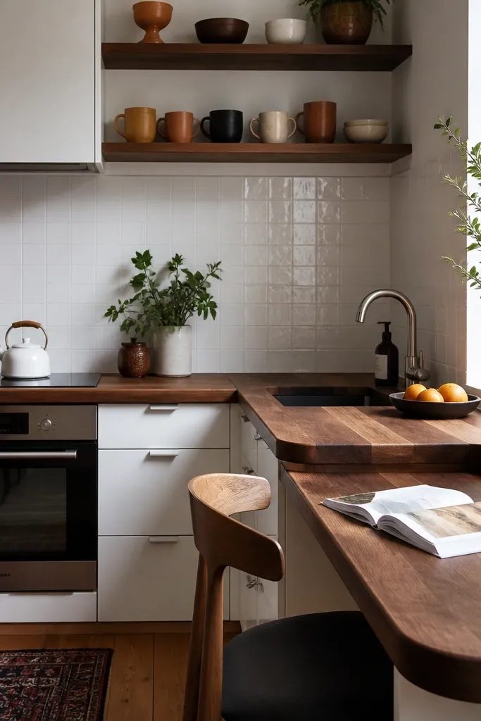 A compact kitchen with walnut butcher block countertops that wrap slightly as a desk. Open shelves display ceramic mugs in warm colors. Cabinets are simple white, and the backsplash is plain white tile.