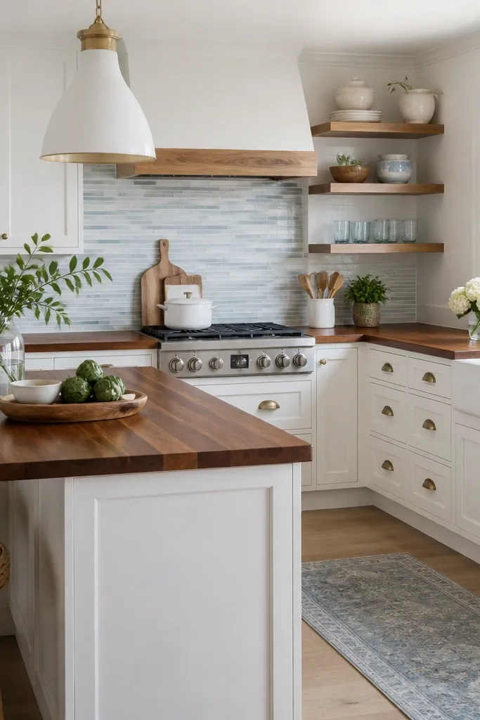 A coastal-style kitchen with white cabinets, light wood accents, and walnut butcher block countertops. The backsplash is white and blue-gray glass tile in a subtle strip. Brass drawer pulls and a white pendant light appear above the island.
