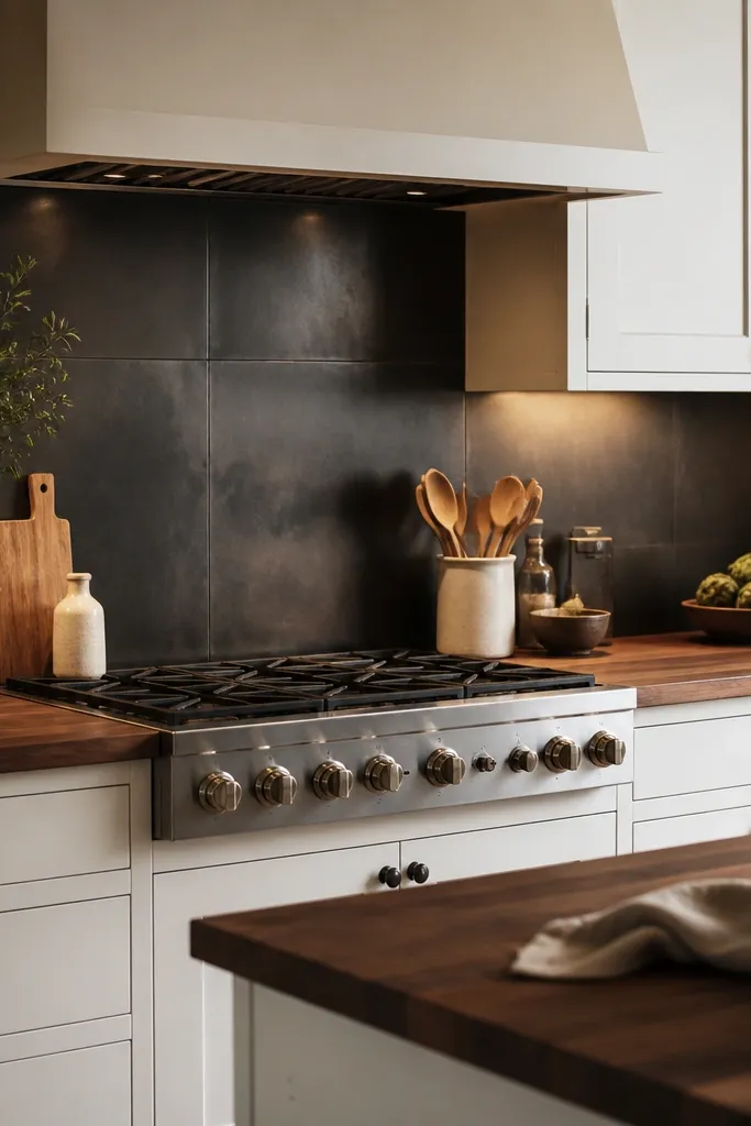 A kitchen where the area behind the stove has blackened steel or dark metal-looking backsplash panels. Walnut butcher block countertops run across the wall under warm under-cabinet lighting. Cabinets are warm white.