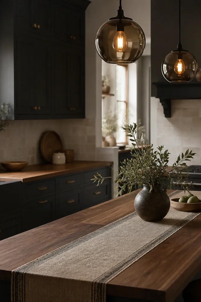 A moody kitchen with walnut butcher block countertops and smoked-glass pendant lights. Cabinets are charcoal or dark green. The backsplash is a light stone-look tile. A narrow runner covers part of the island.