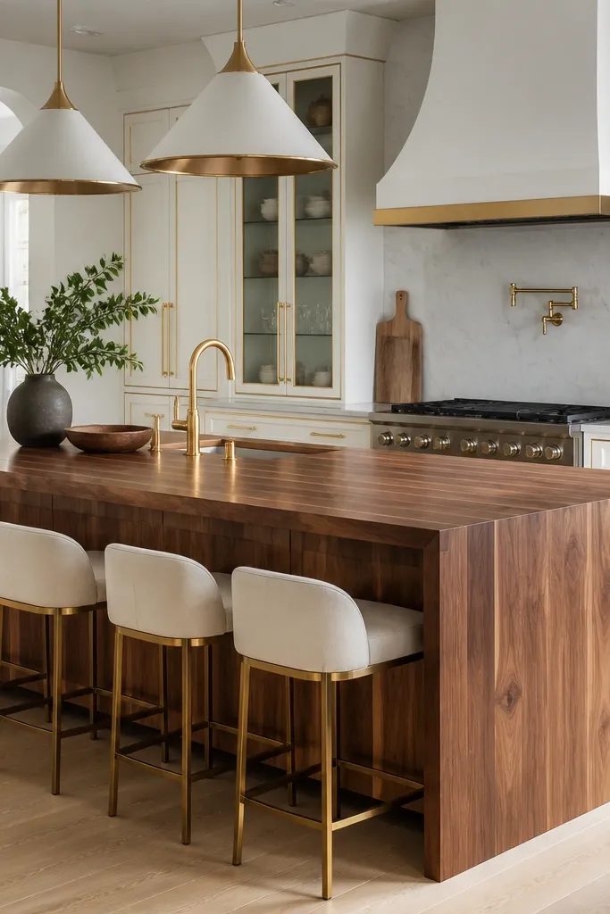 A large island with a waterfall edge made from walnut butcher block. The backsplash is light quartz or white stone-look tile. Brass trim details appear around cabinet faces and a brass faucet.