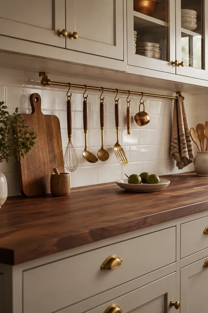 A kitchen with walnut butcher block countertops and a white tile backsplash. A built-in utensil rail runs under upper cabinets with hanging utensils. Hardware is brushed brass and the lighting is warm.