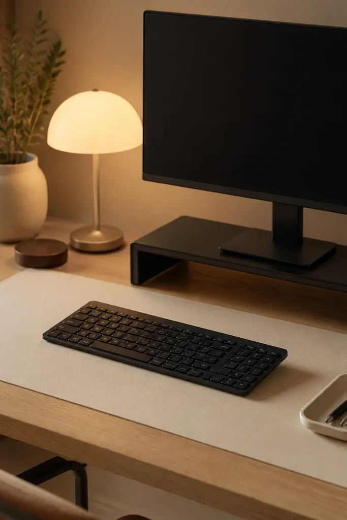 A light oak desk with a cream leather desk mat. A matte black monitor stand and black keyboard sit centered. A small ceramic tray holds pens on the right. Warm lamp light makes everything look cozy.