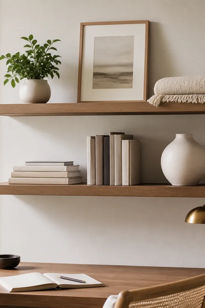 Two floating shelves mounted above a desk. The top shelf has a small plant, a framed print, and a folded throw. The bottom shelf holds neatly stacked books and a white ceramic vase.