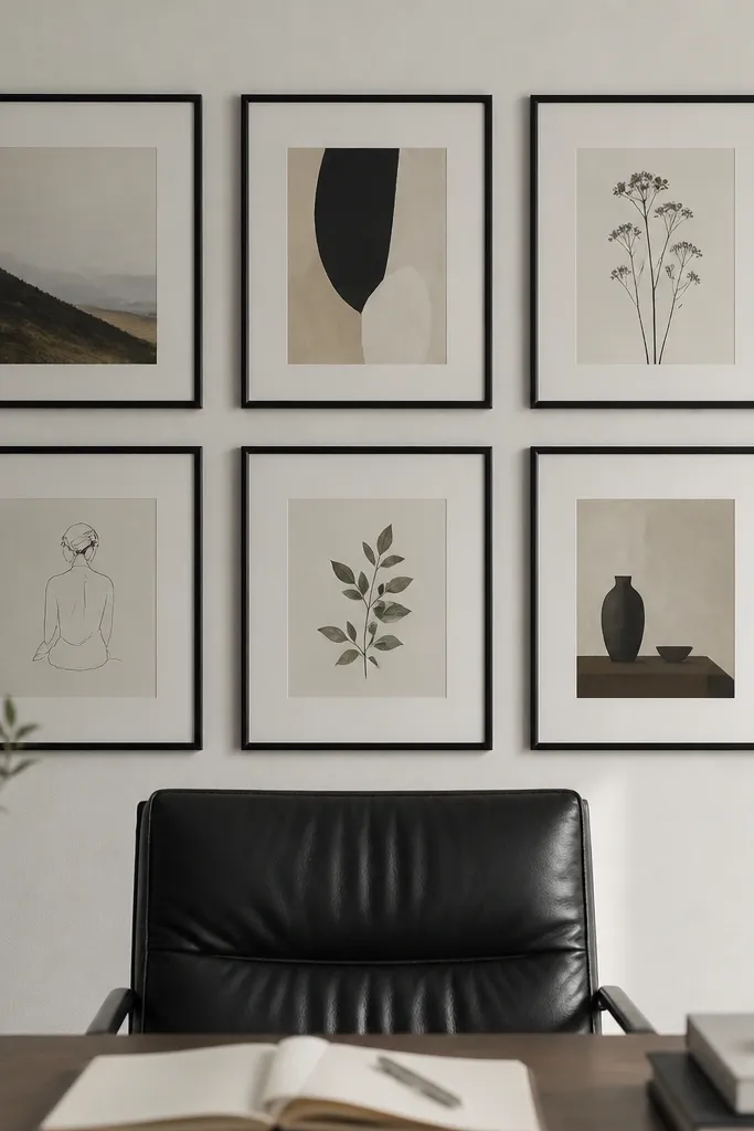 A neat grid of 6 small frames behind a desk chair. Frames are in the same black finish with white matting. One print is a muted abstract, another is a simple botanical illustration.