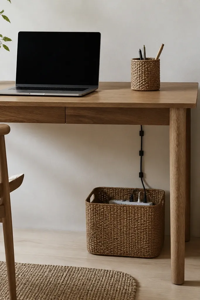 A woven rattan pen cup on the desk and a larger woven basket under the desk with a power strip inside. Cables run neatly into the basket using adhesive clips.