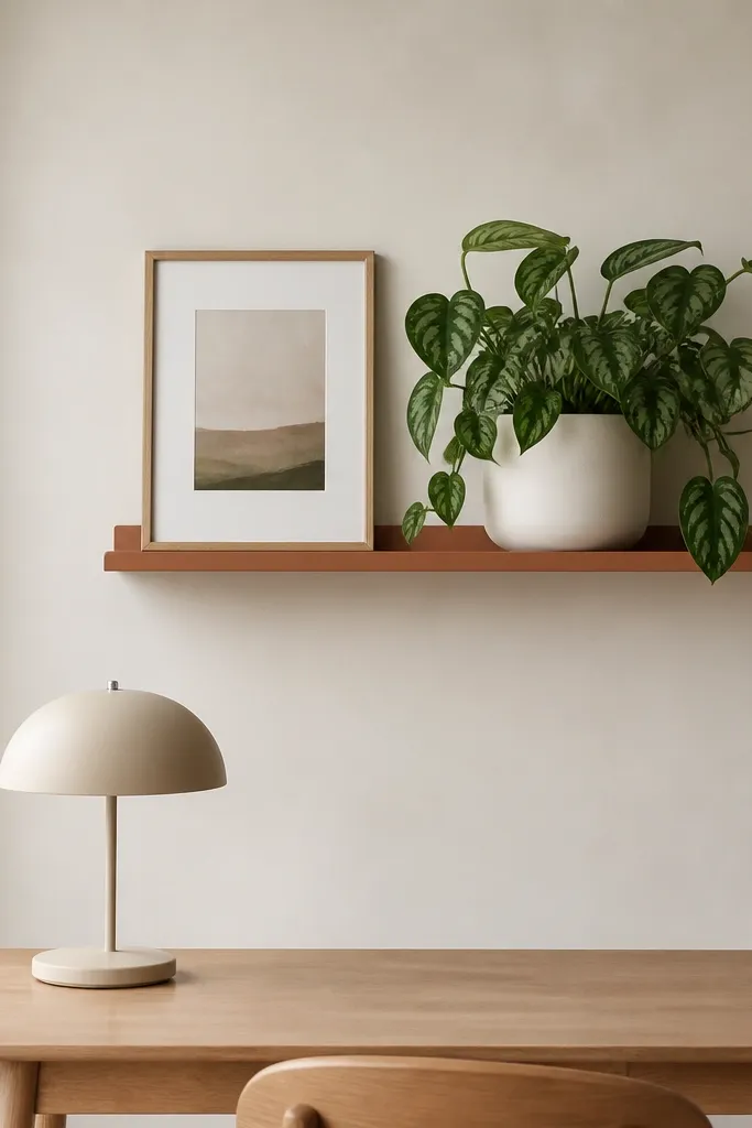 A small terracotta-colored wall shelf holding a single framed print and a larger leafy plant in a matte white pot. The desk below is simple with a beige lamp.