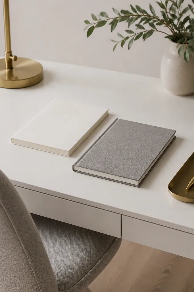 A white desk with a light gray upholstered chair. Brass desk accessories include a small lamp base and a pen tray. A white notebook and gray notebook lie side by side.