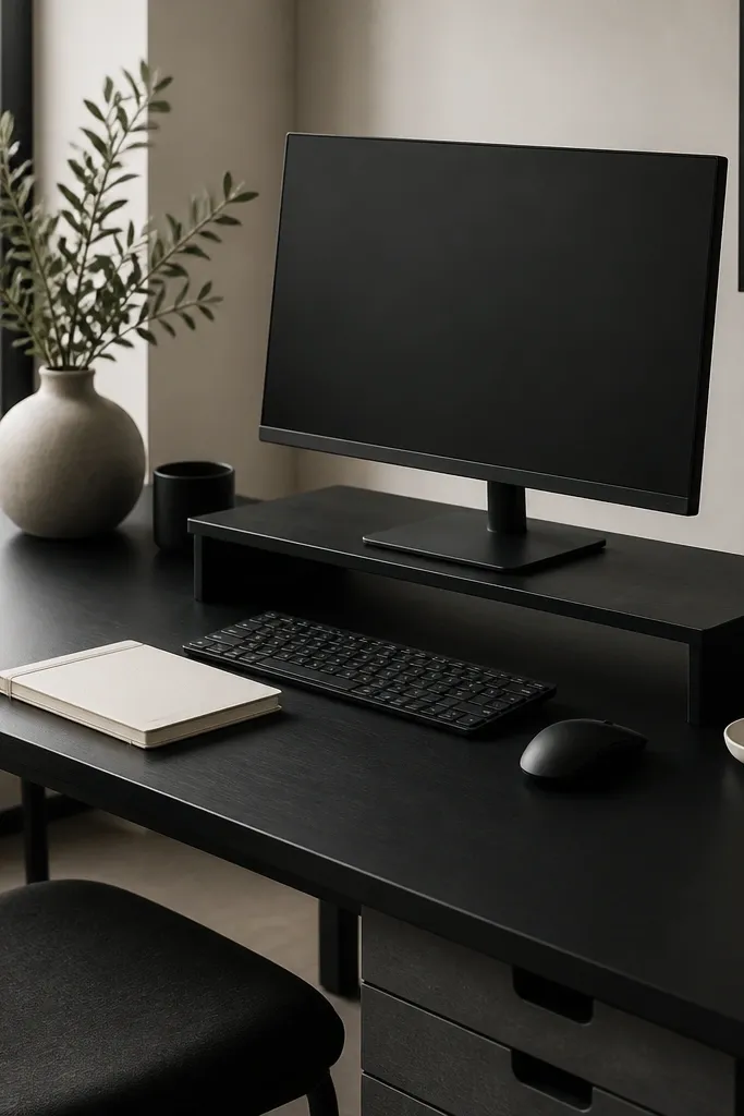 A black desk with charcoal storage drawers and an off-white notebook. A black monitor riser and black keyboard. A small white ceramic dish sits near the mouse.