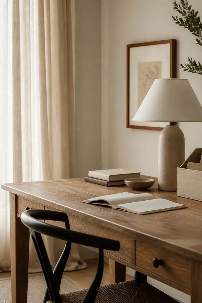 A desk positioned near a window with a light linen curtain. The curtain is draped straight and slightly pooled. The desk has a neutral lamp and a beige fabric desk organizer.