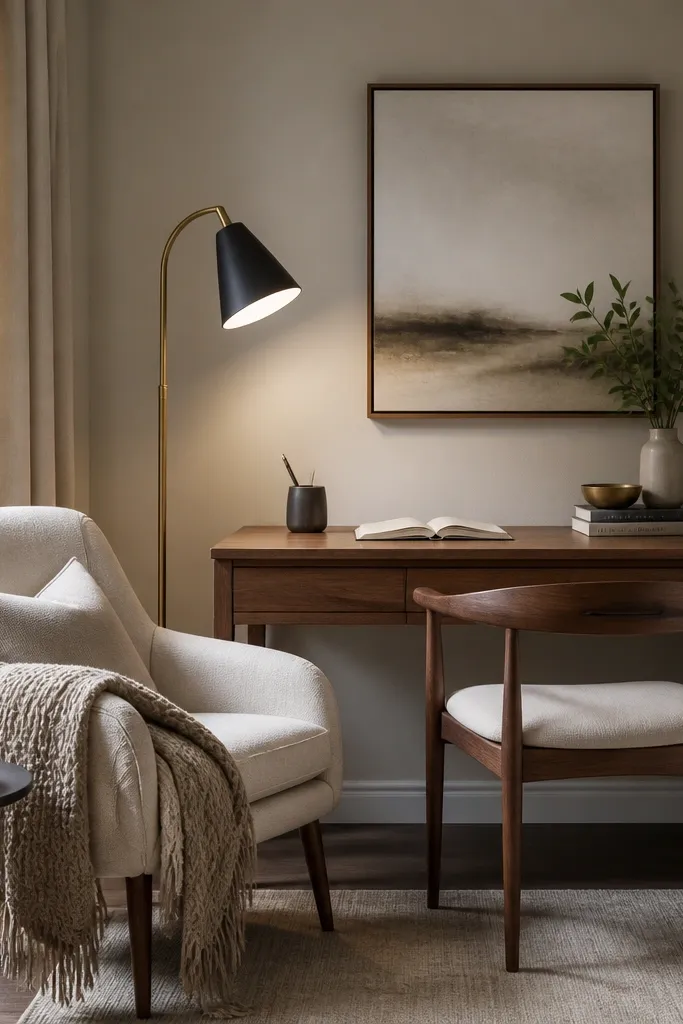 A desk tucked into a corner with a small accent chair beside it. The chair has a textured throw. A standing lamp arcs light toward the desk, and a small side table holds a tray.