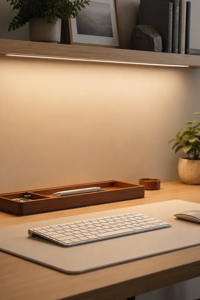 A slim LED shelf light under a wall shelf. Warm light spreads across the desk surface. A wooden pen tray sits under the shelf, and the keyboard is centered on a light mat.