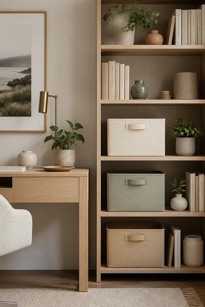 Open shelving beside the desk with three storage bins. Bins are the same color family: cream, sage, and sand. Books are stacked upright with a few decorative items spaced between.
