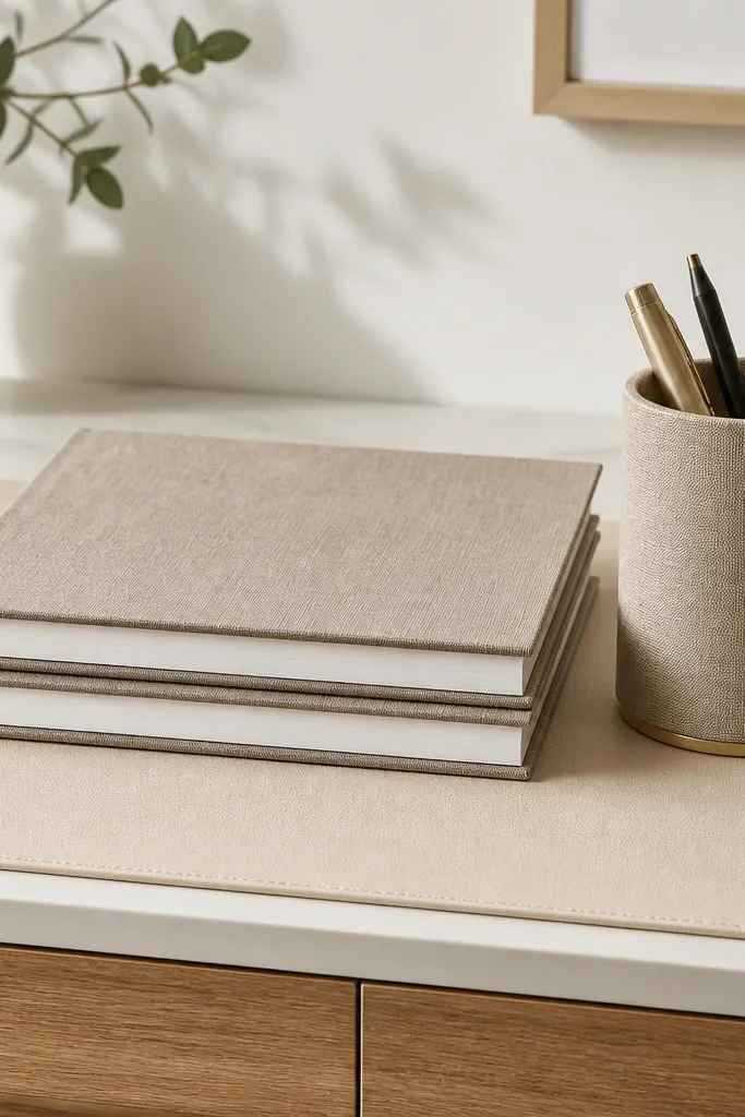 A neat stack of two notebooks with matching covers. A matching pen holder sits beside them. Everything is aligned to the same edge of a cream desk mat.