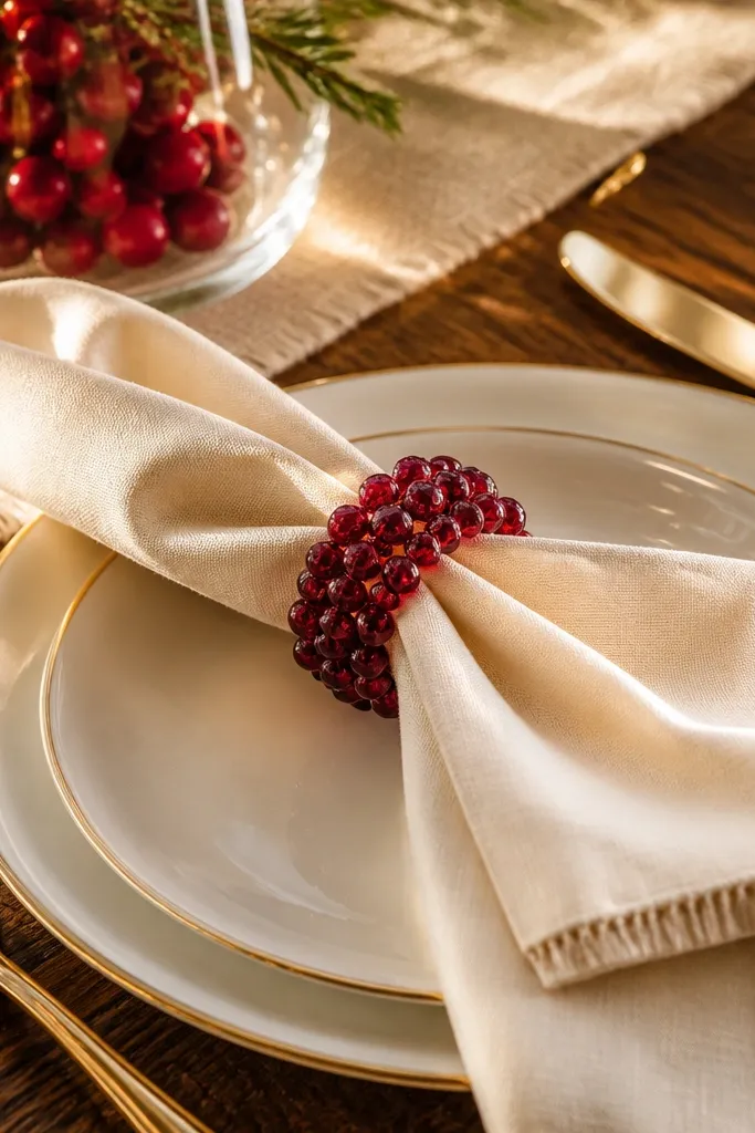 Cream linen tablecloth with brass candlesticks, white plates, and cranberry glass napkin rings