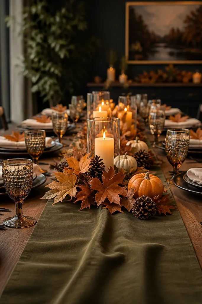 Dark olive runner over black plates with cream napkins and small maple leaf place cards