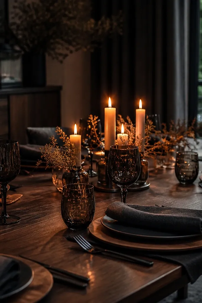 Charcoal table setting with walnut-toned chargers, linen napkins, and smoky gray glass