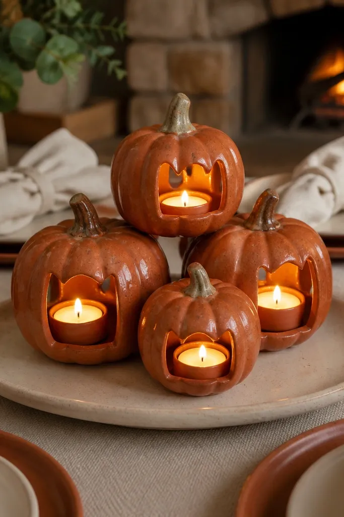 Terracotta plates with cream napkins and small pumpkin-shaped tealight holders on a runner