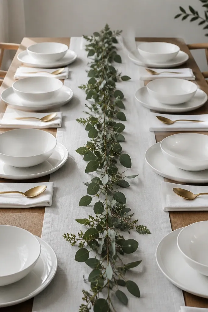 White porcelain plates with cream napkins and a thin greenery garland across a narrow runner