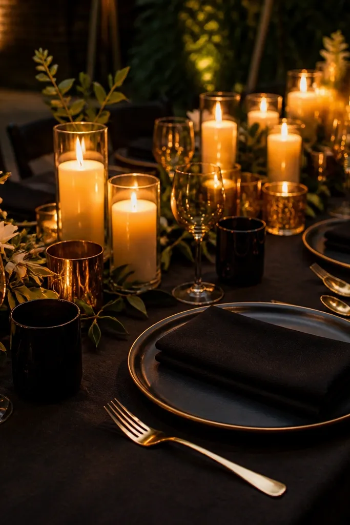 Black velvet napkins with gold flatware and clustered candles on a neutral tablecloth