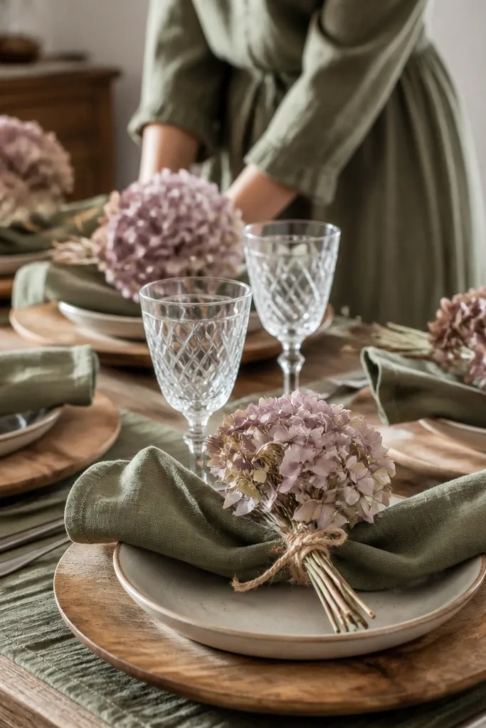 Sage linen table with wood chargers, cream plates, and dried hydrangea bundles in the center