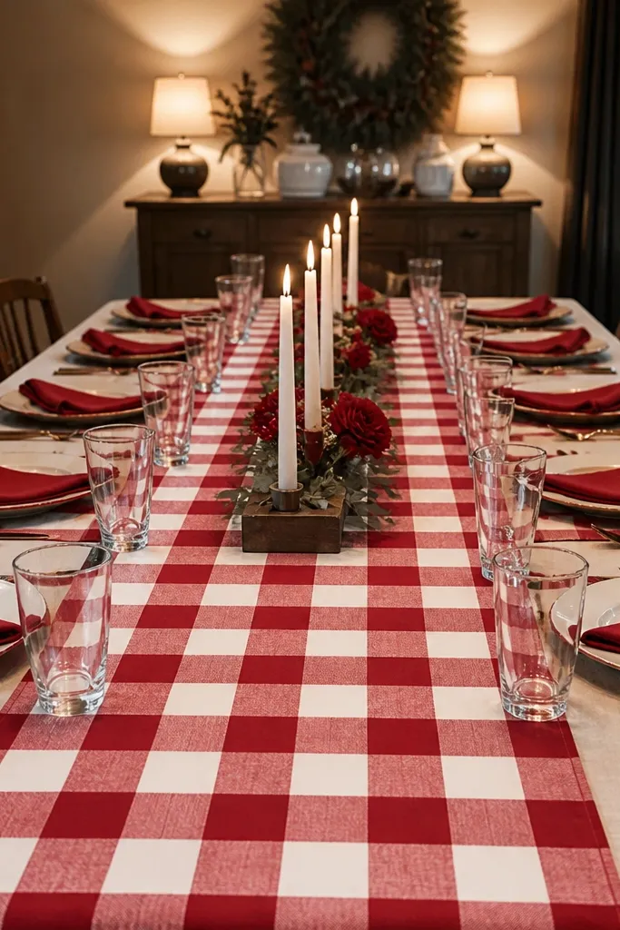 Red and white check runner with white plates, red napkins, and straight white candles