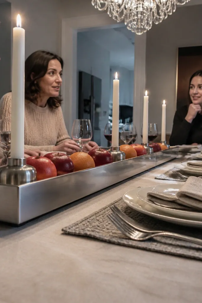 Ivory table setting with brushed nickel accents, long tray centerpiece with fruit and small candles