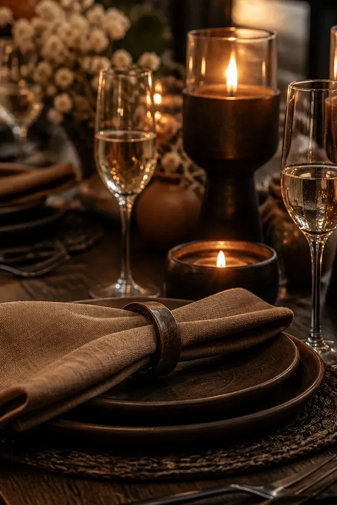 Mocha linen table with champagne glasses and espresso-colored candleholders