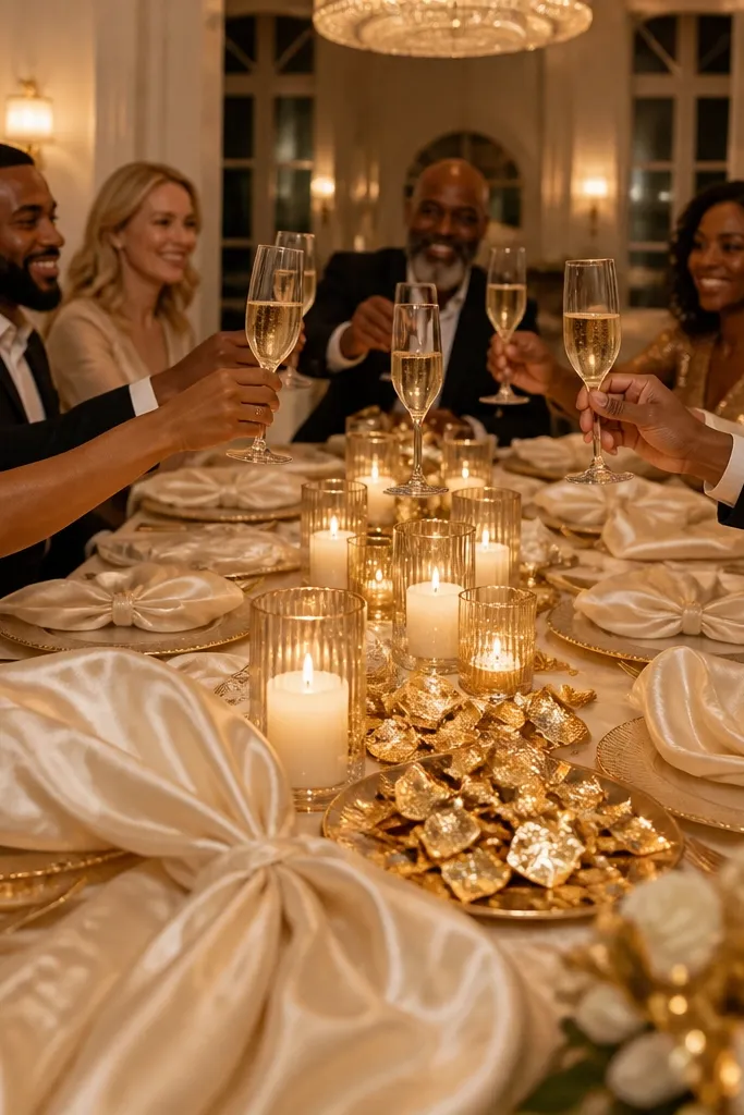 Champagne satin napkins on cream plates with subtle gold leaf accents and candles