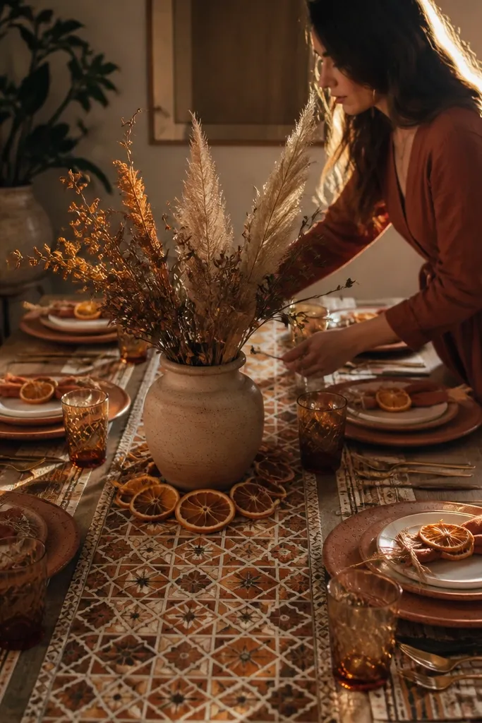 Clay chargers on a warm runner with dried orange slices and small candles