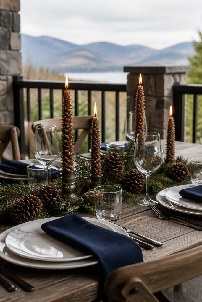 White marble-style plates with navy napkins and pine cone taper holders