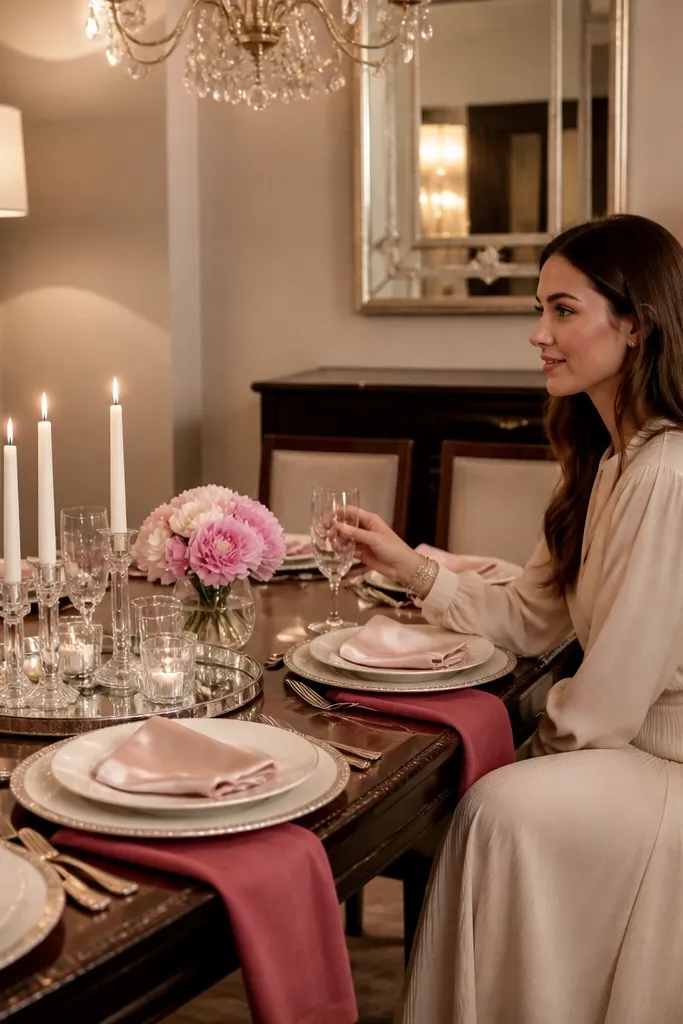 Blush pink napkins on ivory plates with a mirrored tray centerpiece and candles